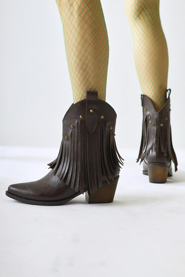Lillebeth Brown Tassel Stud Detail Western Boots