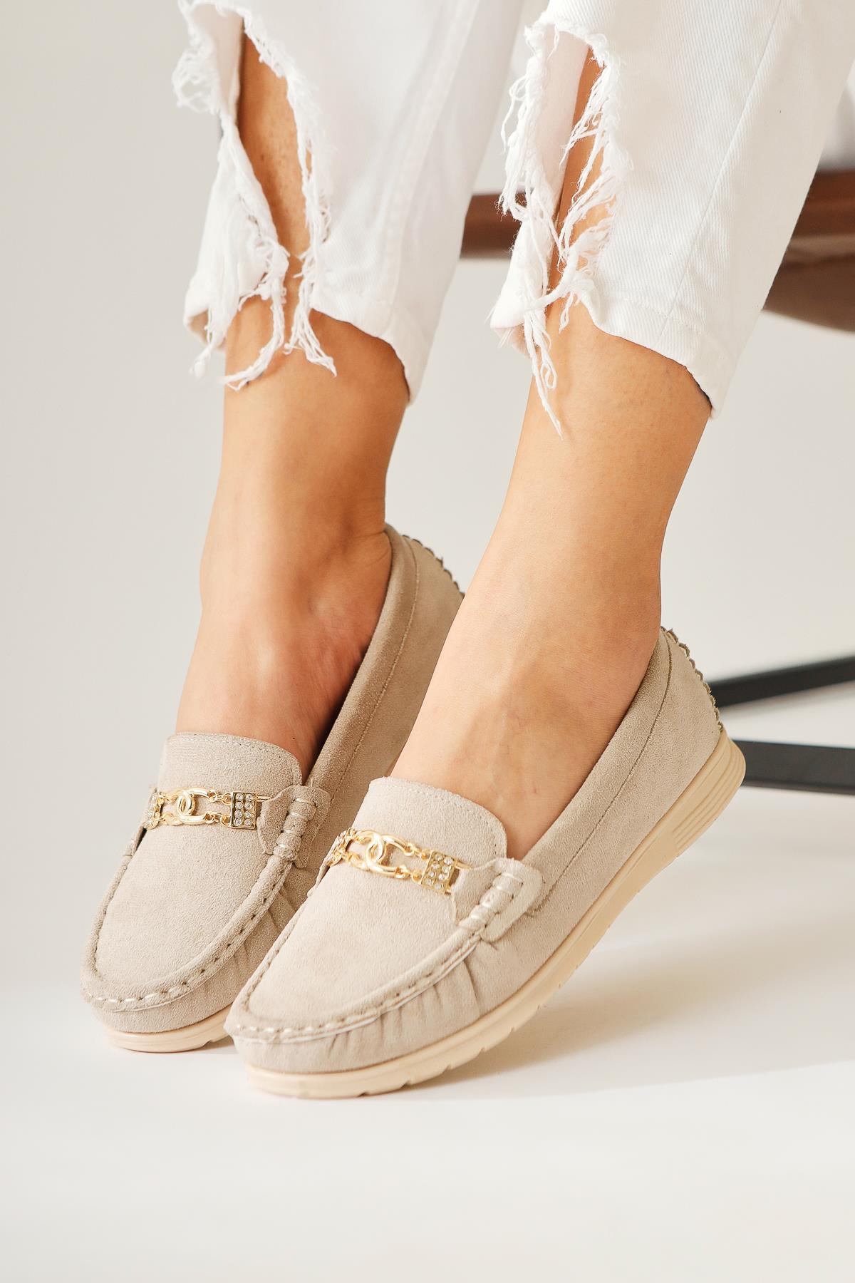 Turi Cream Suede Buckle Detailed Casual Shoes