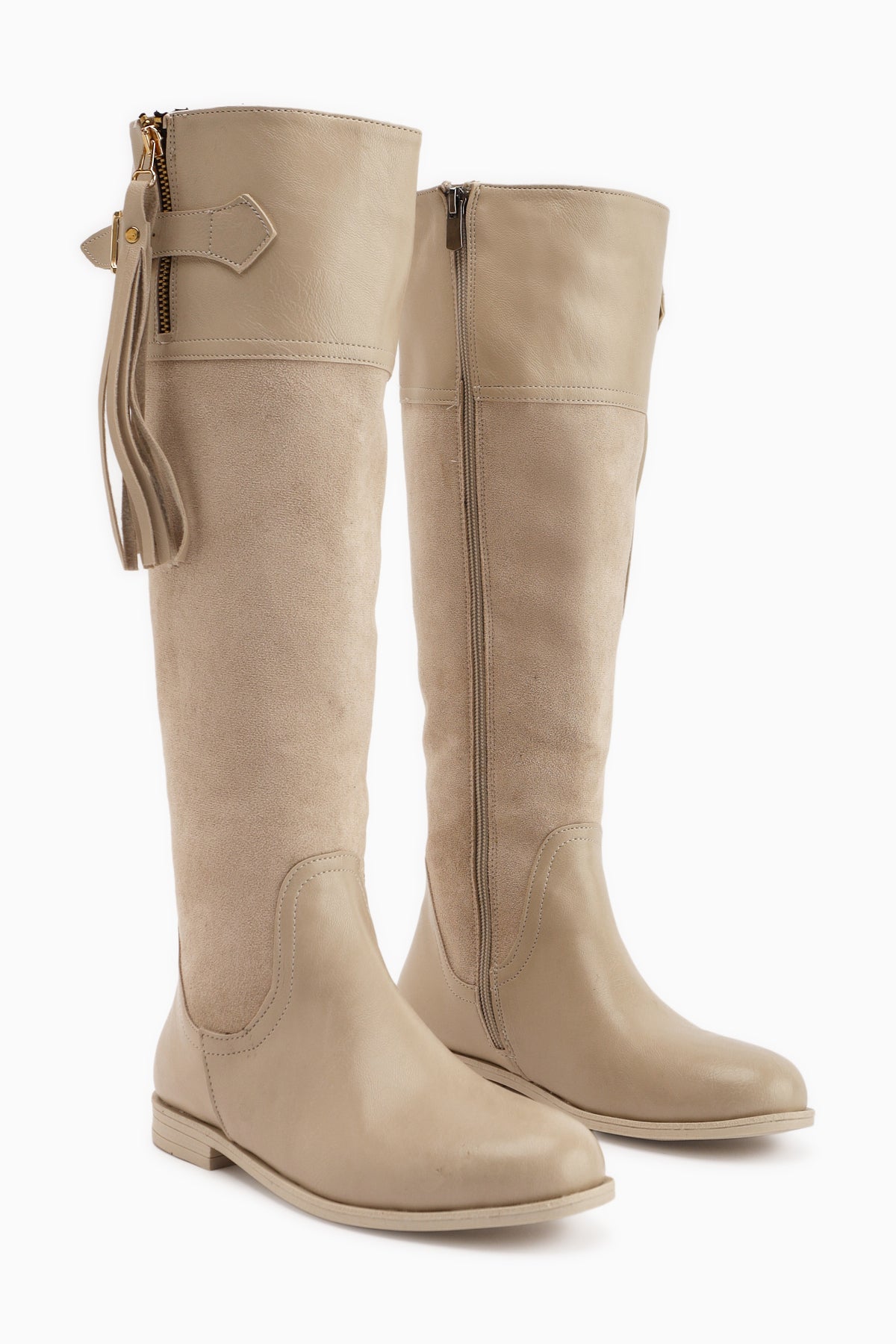 Galia Beige Suede Buckled Women's Boots