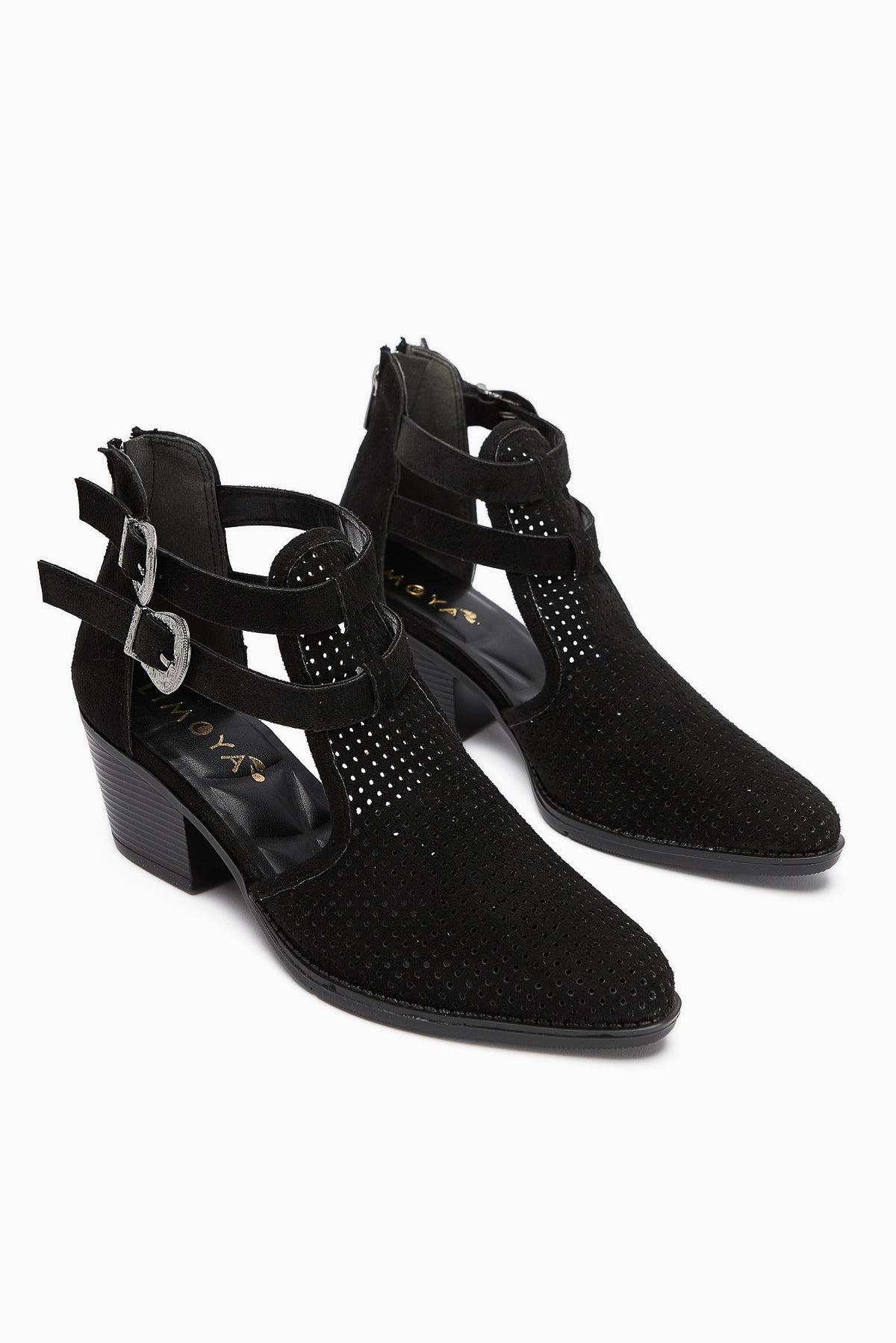 Carin – Black Suede Buckle-Detail Back-Zip Summer Boot (Women)