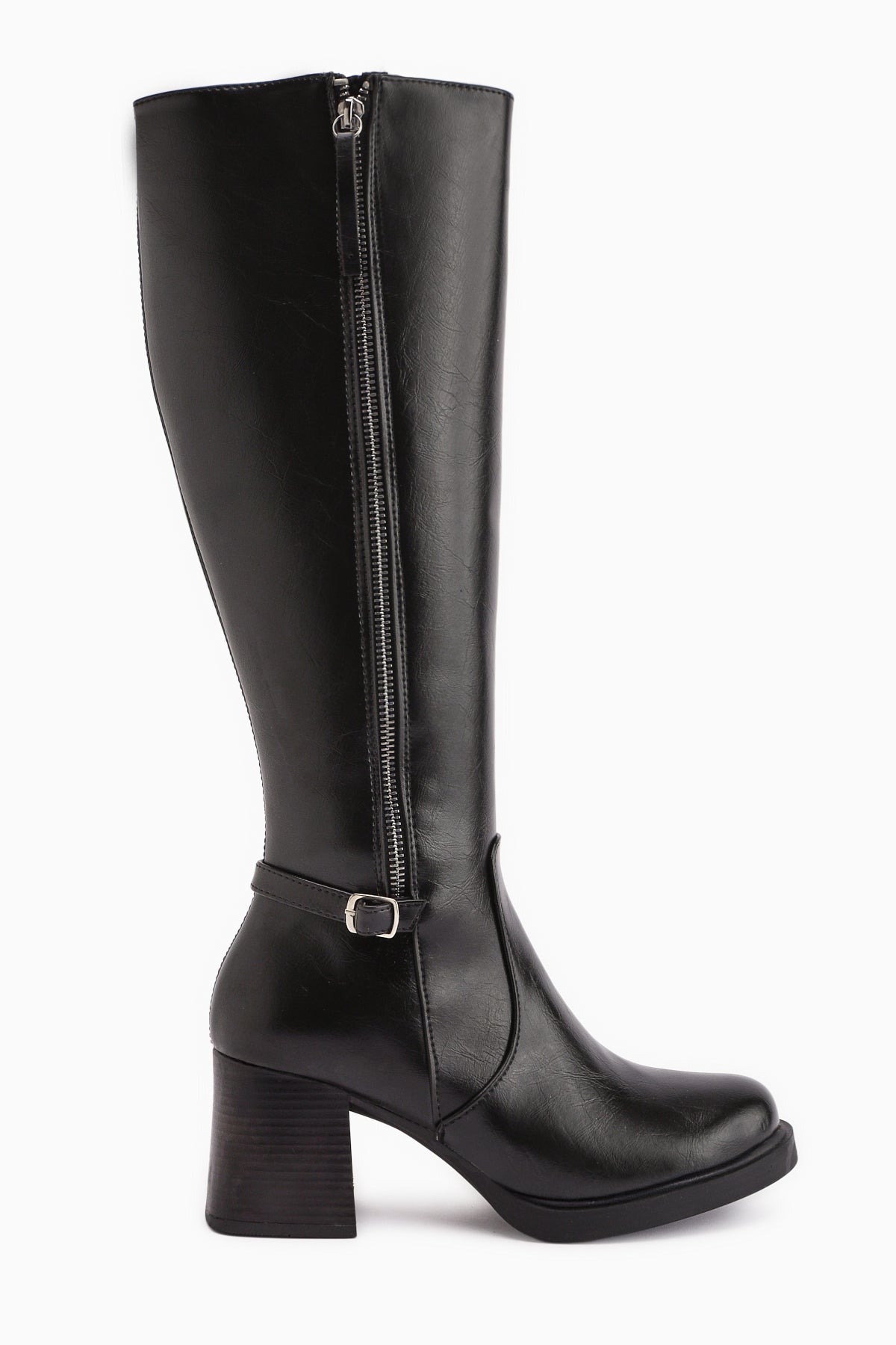 Nelia – Black Wide-Calf Heeled Knee-High Boot (Women)