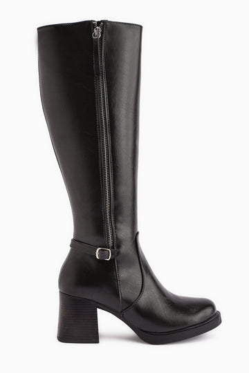 Nelia – Black Wide-Calf Heeled Knee-High Boot (Women)