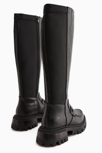 Meli Schwarze Stretchweite Waden Schnallen Detail Tauchstoff Stiefel