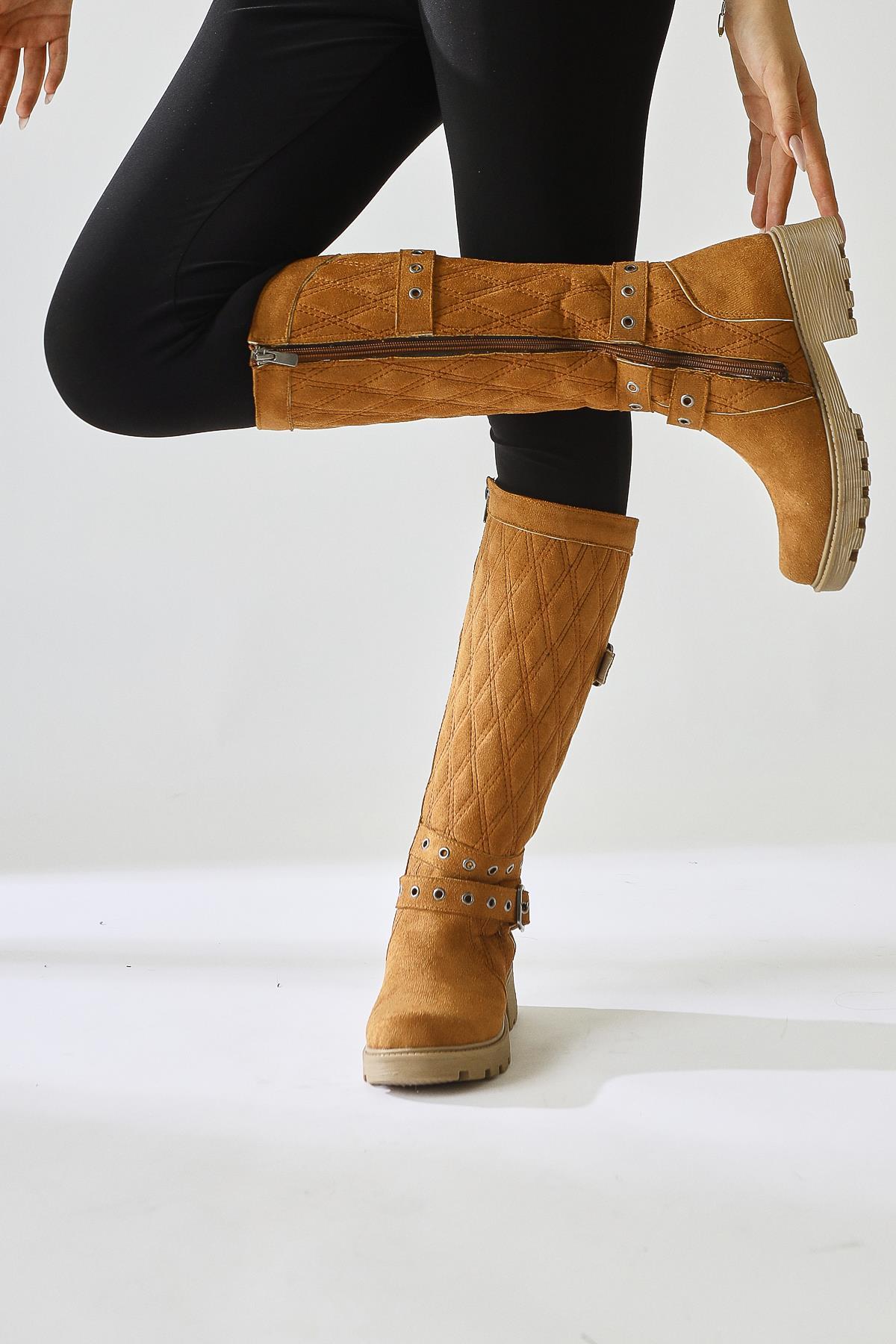Carma Tan Suede Belt Detailed Quilted Stitch Boots
