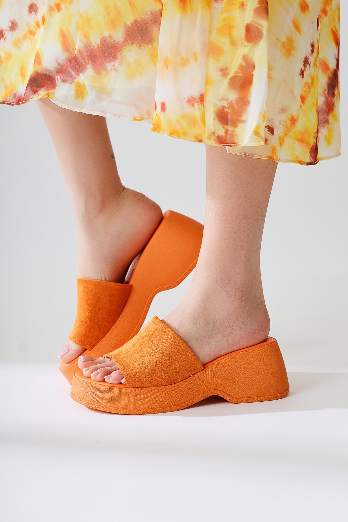 Safora Orange Suede Platform Slippers