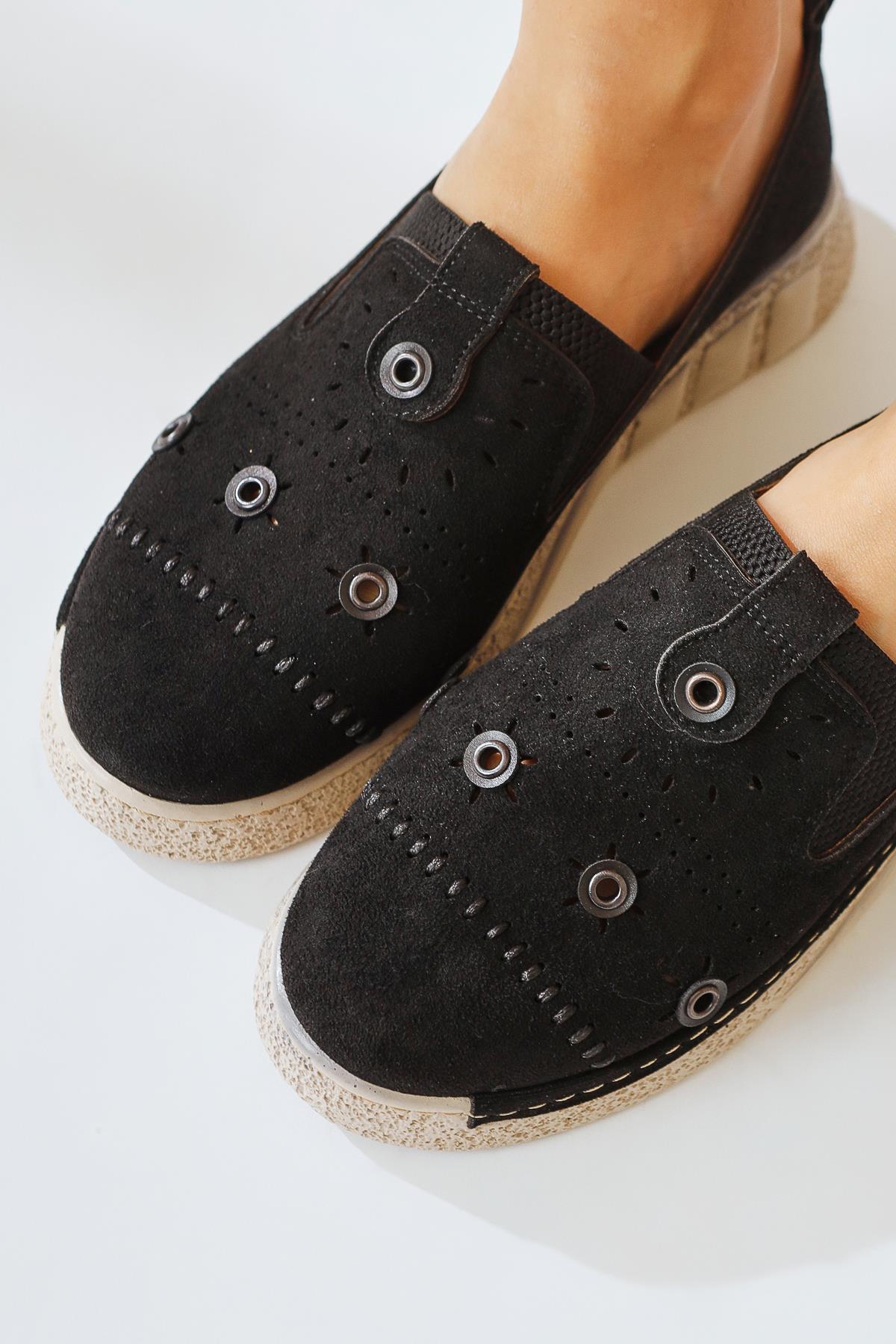 Bethina Black Suede Rivet Detailed Laser Perforated Ballerinas