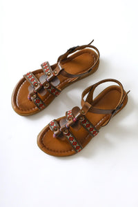 Genuine Leather Heam Tan Ethnic Patterned Sandals