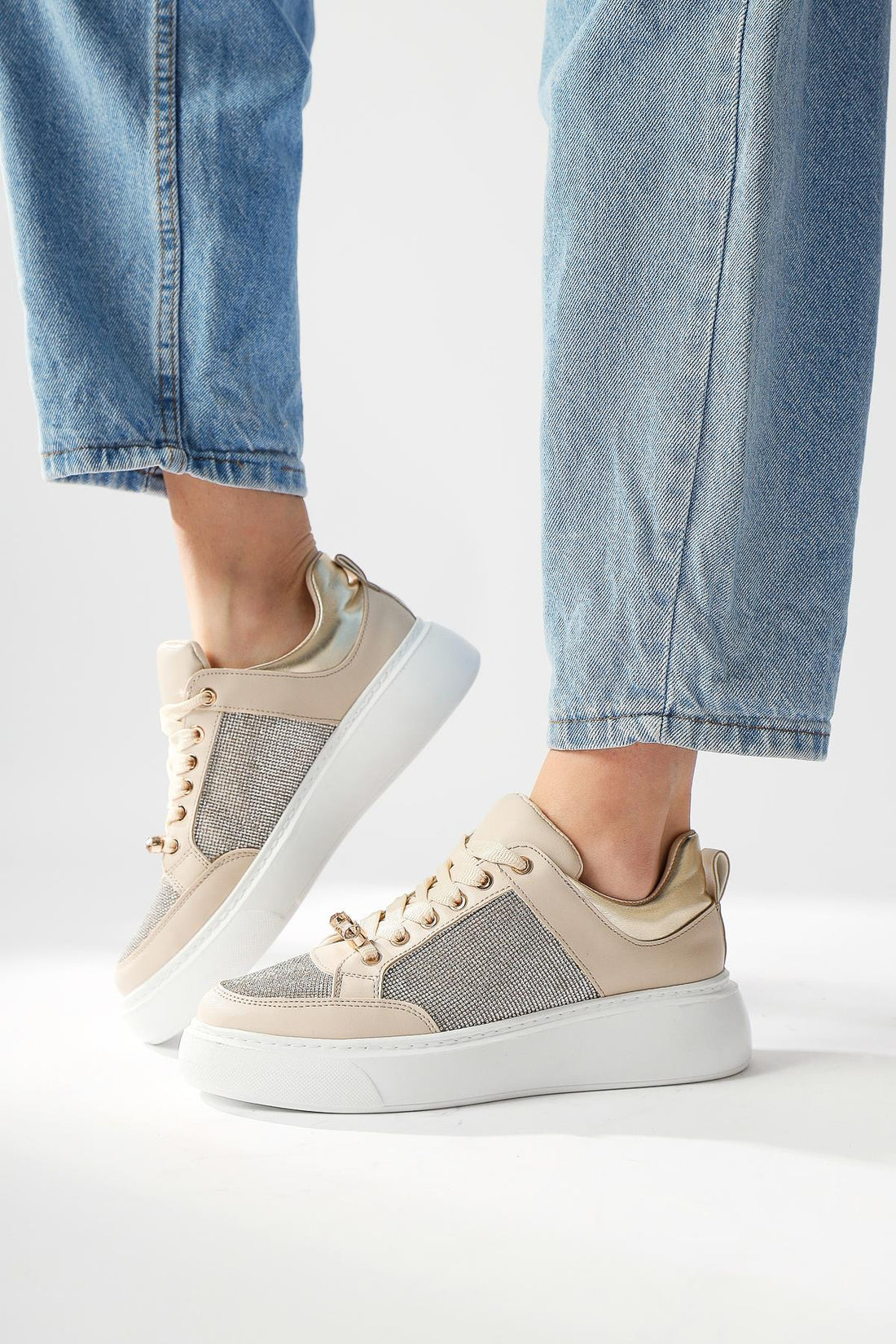 Sonnie Cream Thick Soled Stone Detail Sneakers