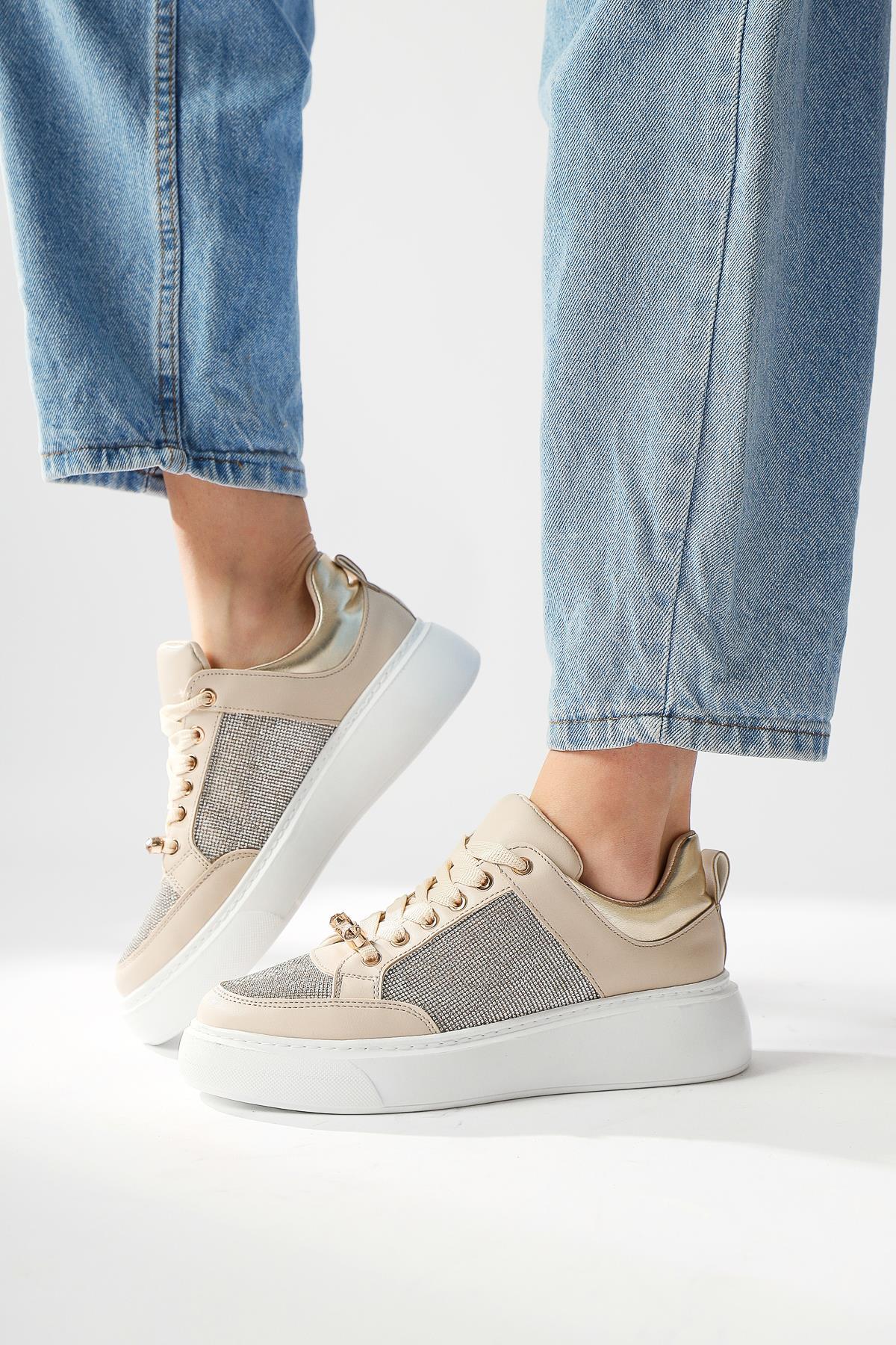 Sonnie Cream Thick Soled Stone Detail Sneakers