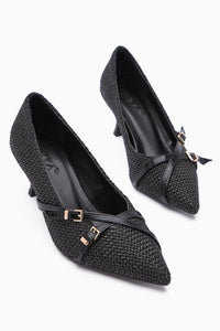 Noran Black Woven Detailed Pointed Toe Women’s Heeled Shoes