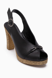 Bernis Genuine Leather Black Buckled Platform Heeled Shoes