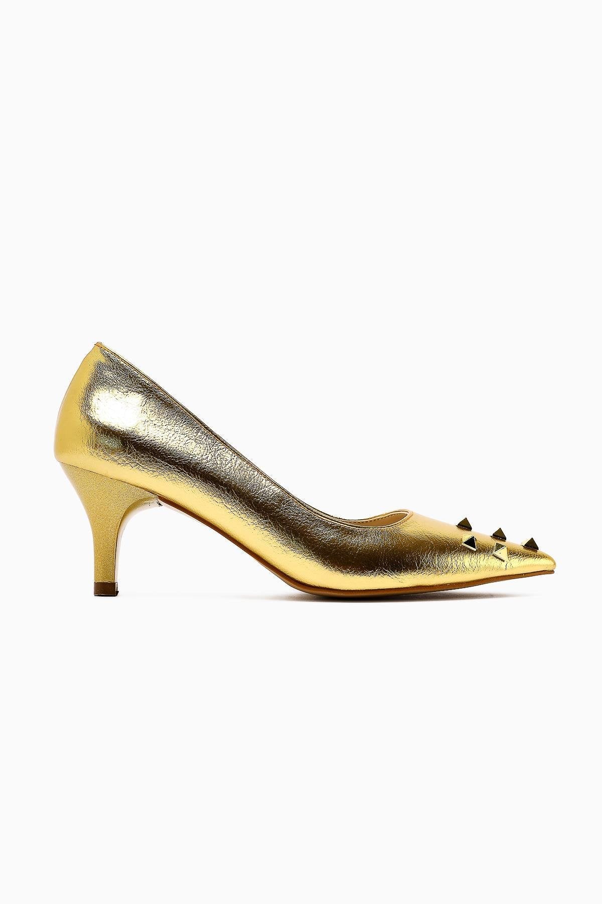 Anni Gold Shiny Wrinkled Patent Leather Pyramidal Studded Heeled Women's Shoes