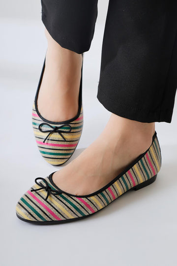 Melin Black Striped Printed Bow Detailed Ballerinas