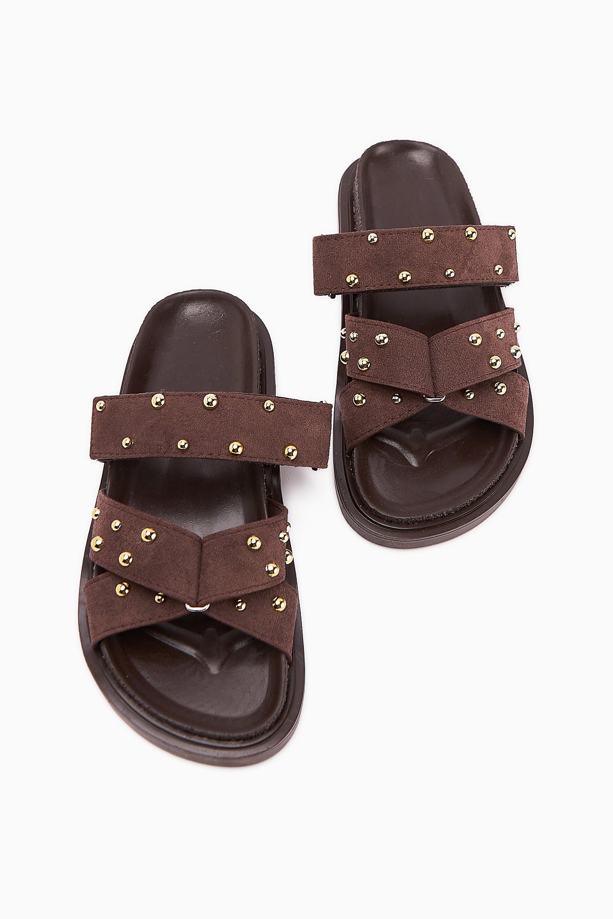 Mino Coffee Cross-Strap Studded Women's Slippers