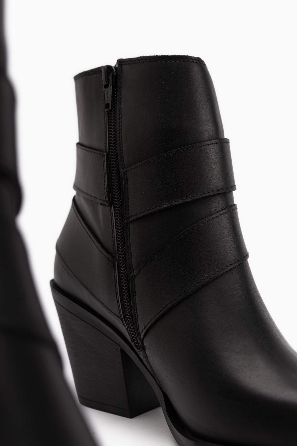 Yuri Echtes Leder Schwarz Doppel Schnalle Dick Absatz Damen Cowboy Stiefel