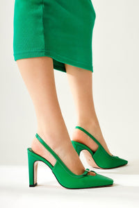 Elenita Green Flat Toe Stone Detailed Heeled Shoes