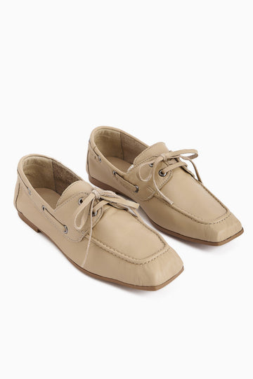 Arian Genuine Beige Leather Lace-Up Moccasin Daily Loafer