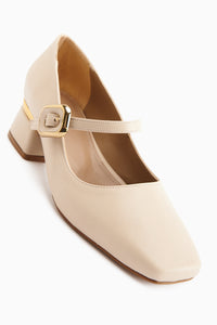 Abby Beige Square Toe Buckle Detailed Women’s Daily Shoes