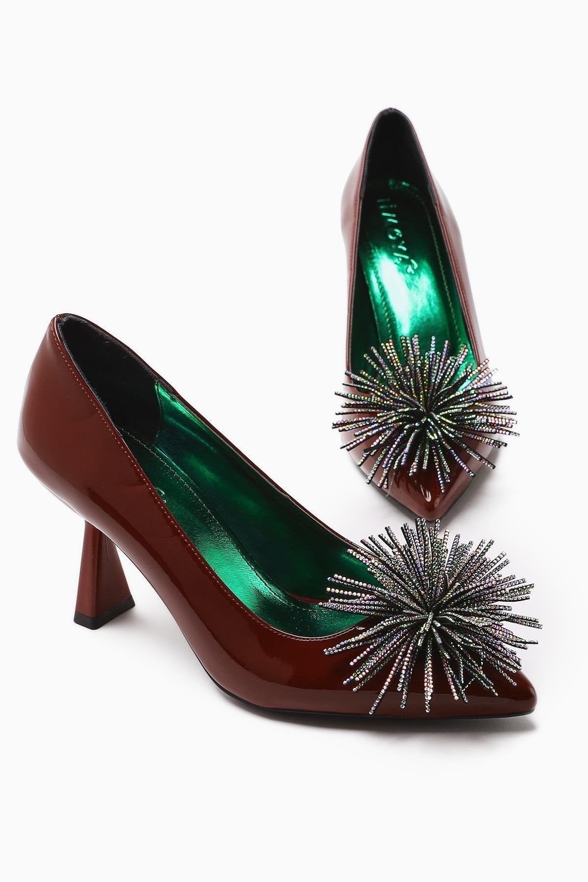 Choi Claret Red Patent Leather Pointed Toe Stone Tassel Detailed Heeled Women's Shoes