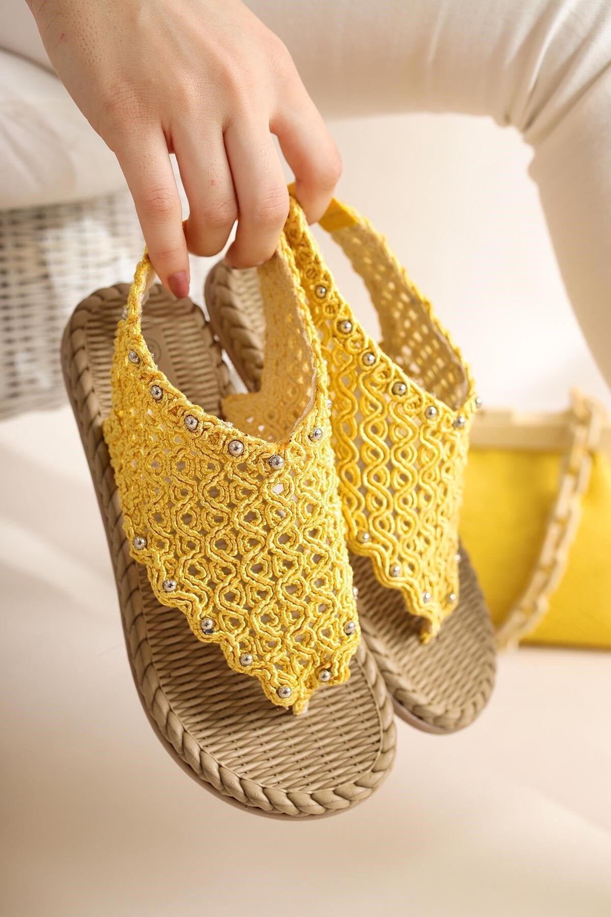 Blythe Yellow Knit Stone Detailed Eva Soled Sandals