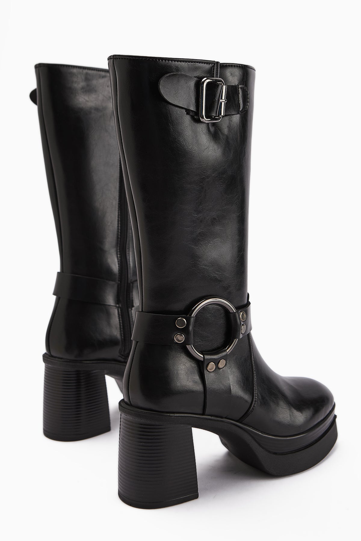 Beris Black Buckle Detail Platform High Heel Women's Boot