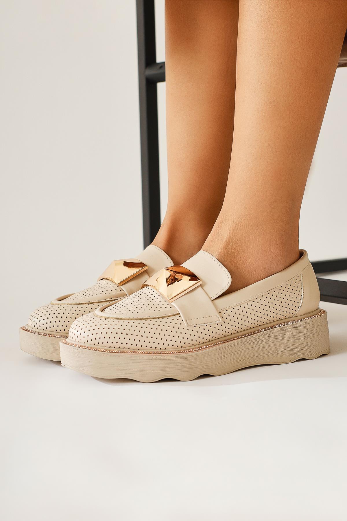 Khloe Beige Buckle Detail Perforated Loafers