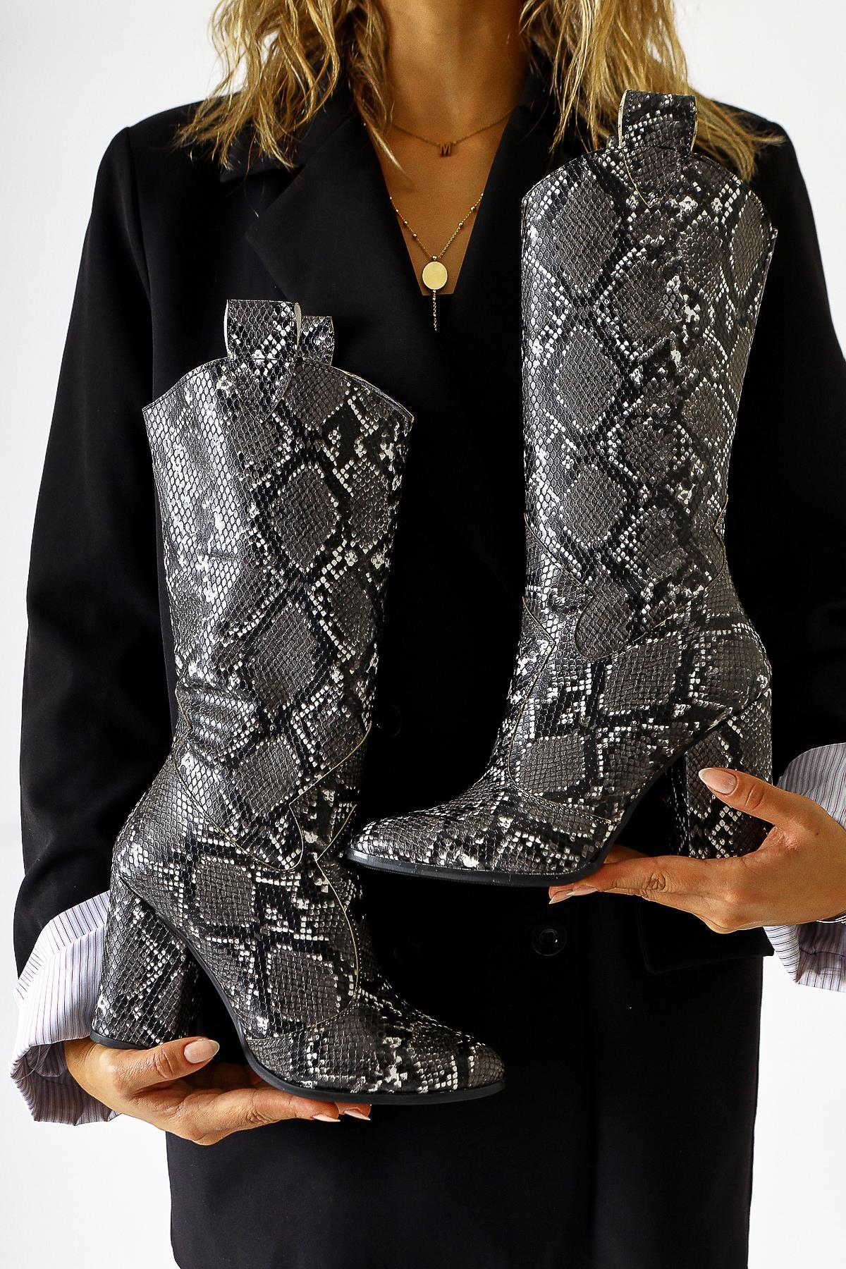 Keri Black Snake Patterned Asymmetric Cut Heeled Short Boots