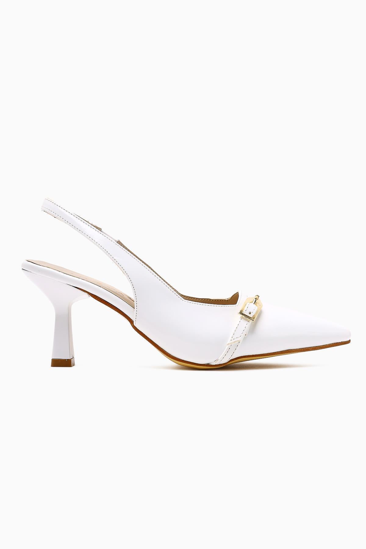 Camillas White Patent Leather Pointed Toe Buckle Detailed Women's High Heel Shoes