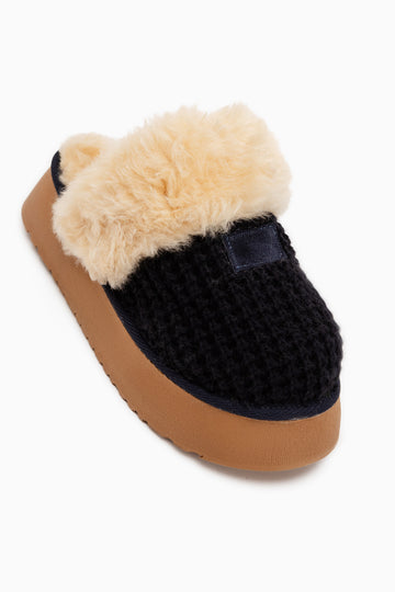 Mariza Navy Plush Knit Fur Lined Thick Sole Women’s Slippers
