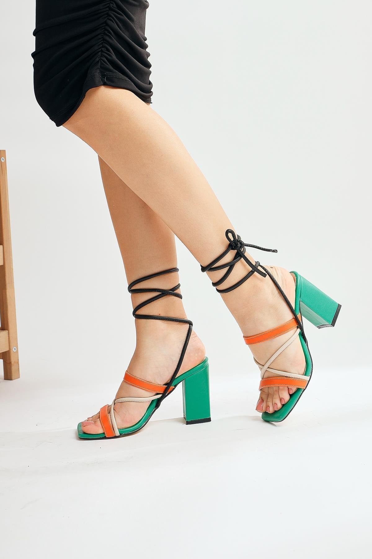 Seila Green Color Ankle Strap Heeled Sandals