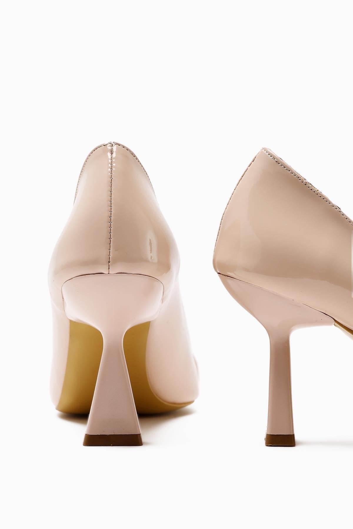 Ania Beige Patent Leather Pointed Toe Stone Buckle Detailed Heeled Women's Shoes