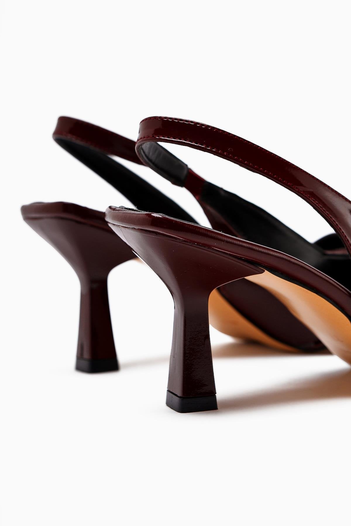 Camillas Burgundy Patent Leather Pointed Toe Buckle Detailed Women's High Heel Shoes