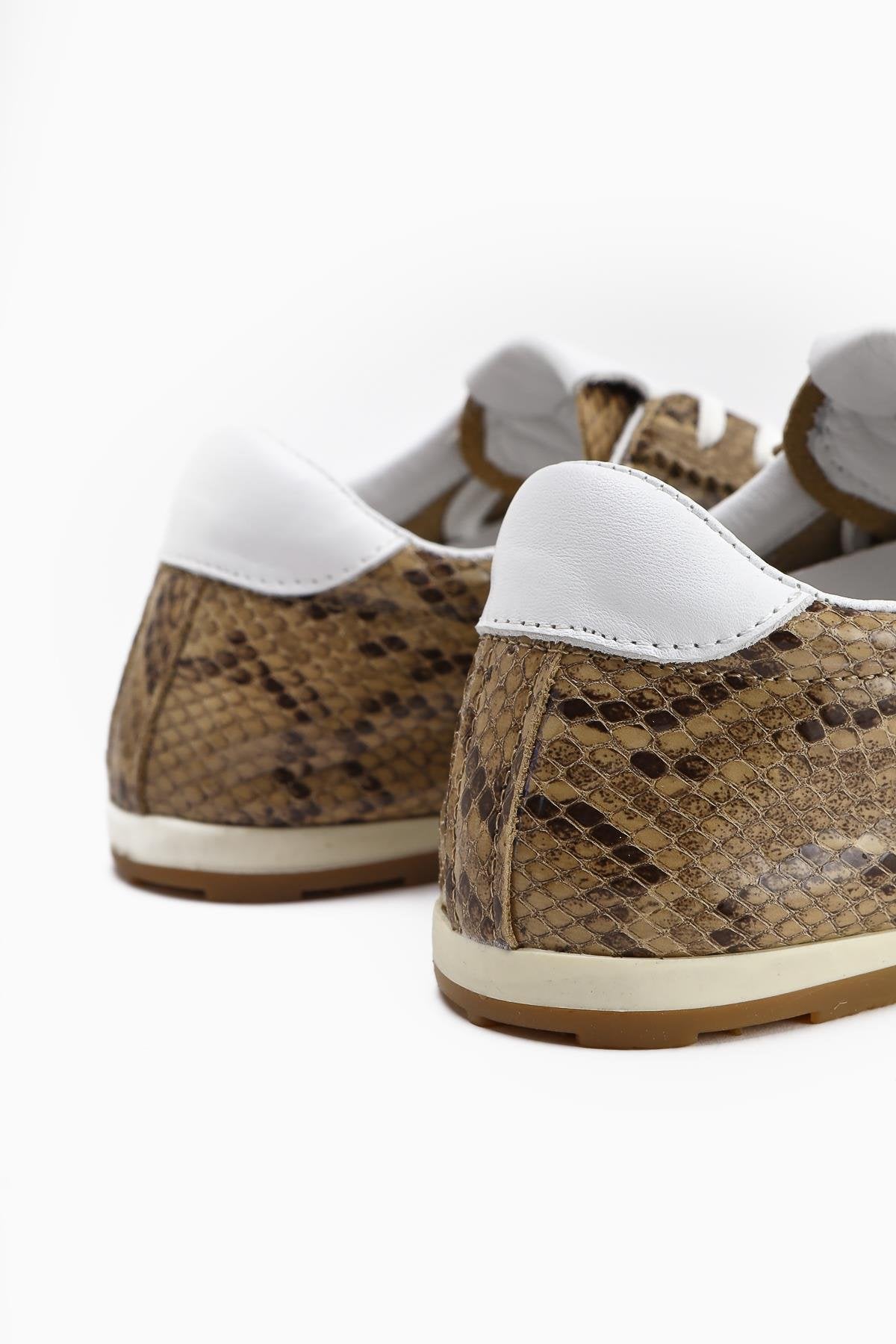 Genuine Leather Alisa Beige Crocodile Leather Printed Lace-Up Casual Women's Shoes