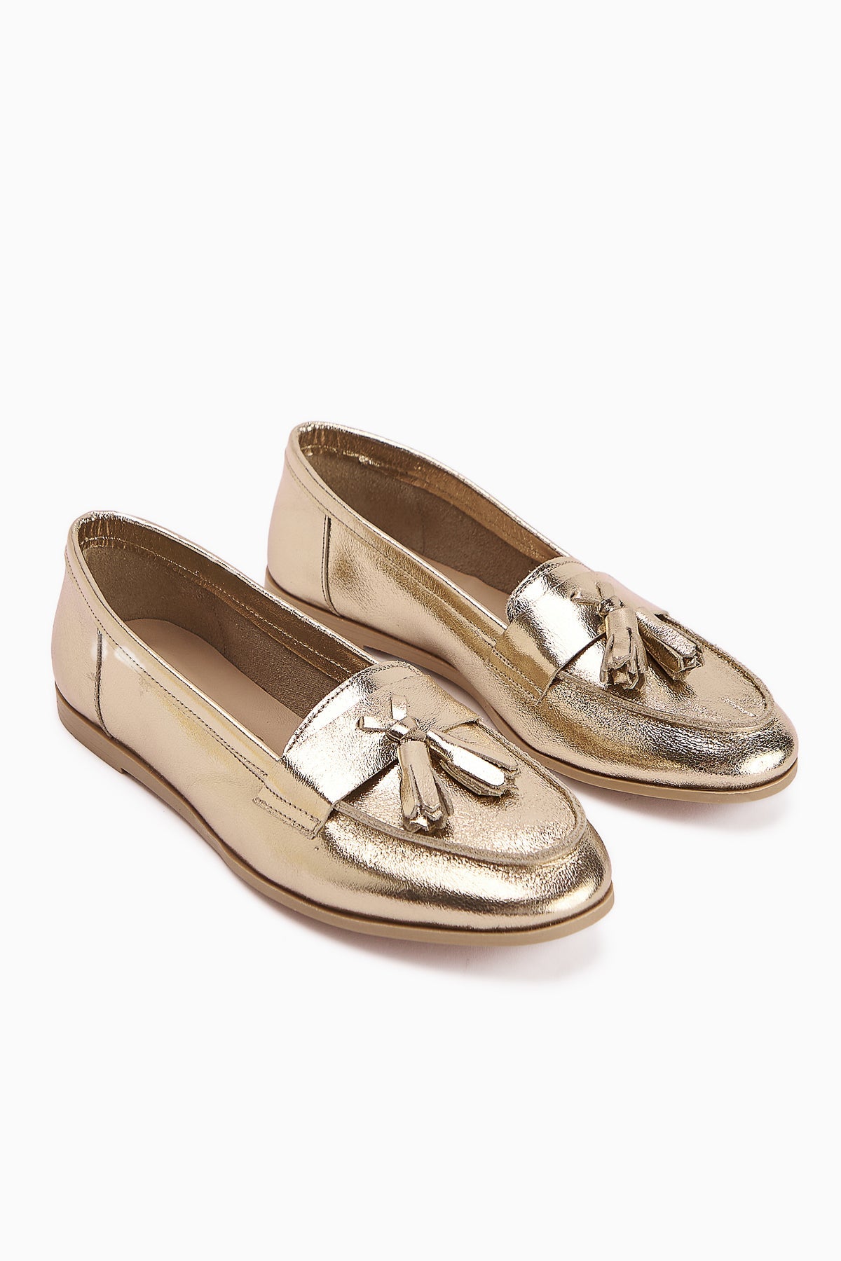 Doris Genuine Leather Gold Metallic Tasseled Women's Loafer Shoe