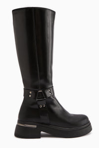 Lani Schwarz Lackleder Schnalle und Nieten Detail Damen Stiefel