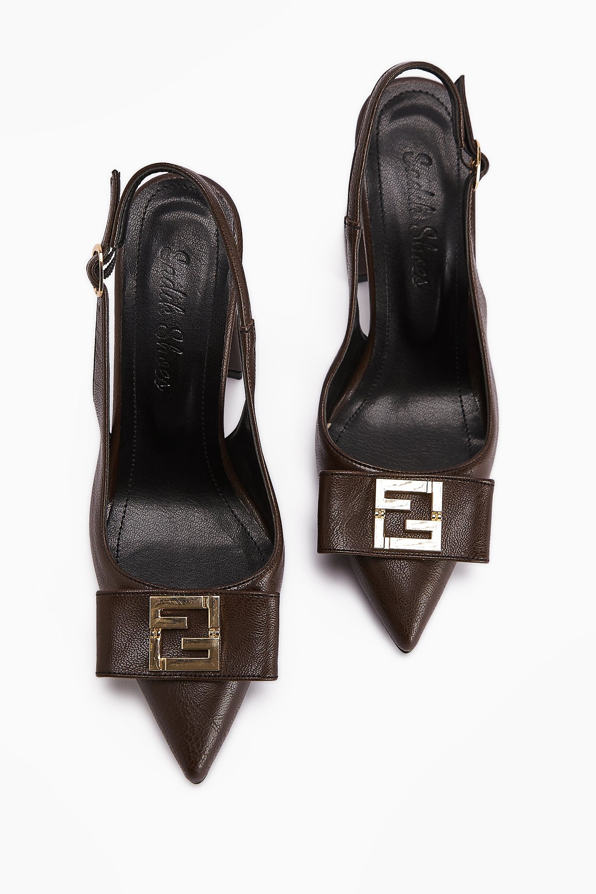 Yupin Brown Closed Toe High Heel Women's Shoe with Metal Detail