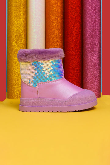 Hanne – Lila Stiefelette mit Pailletten und veganem Fellfutter (Kinder)