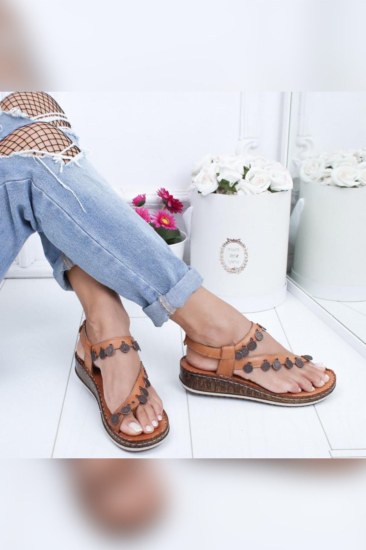 Genuine Leather Lilac Tan Antique Detailed Sandals