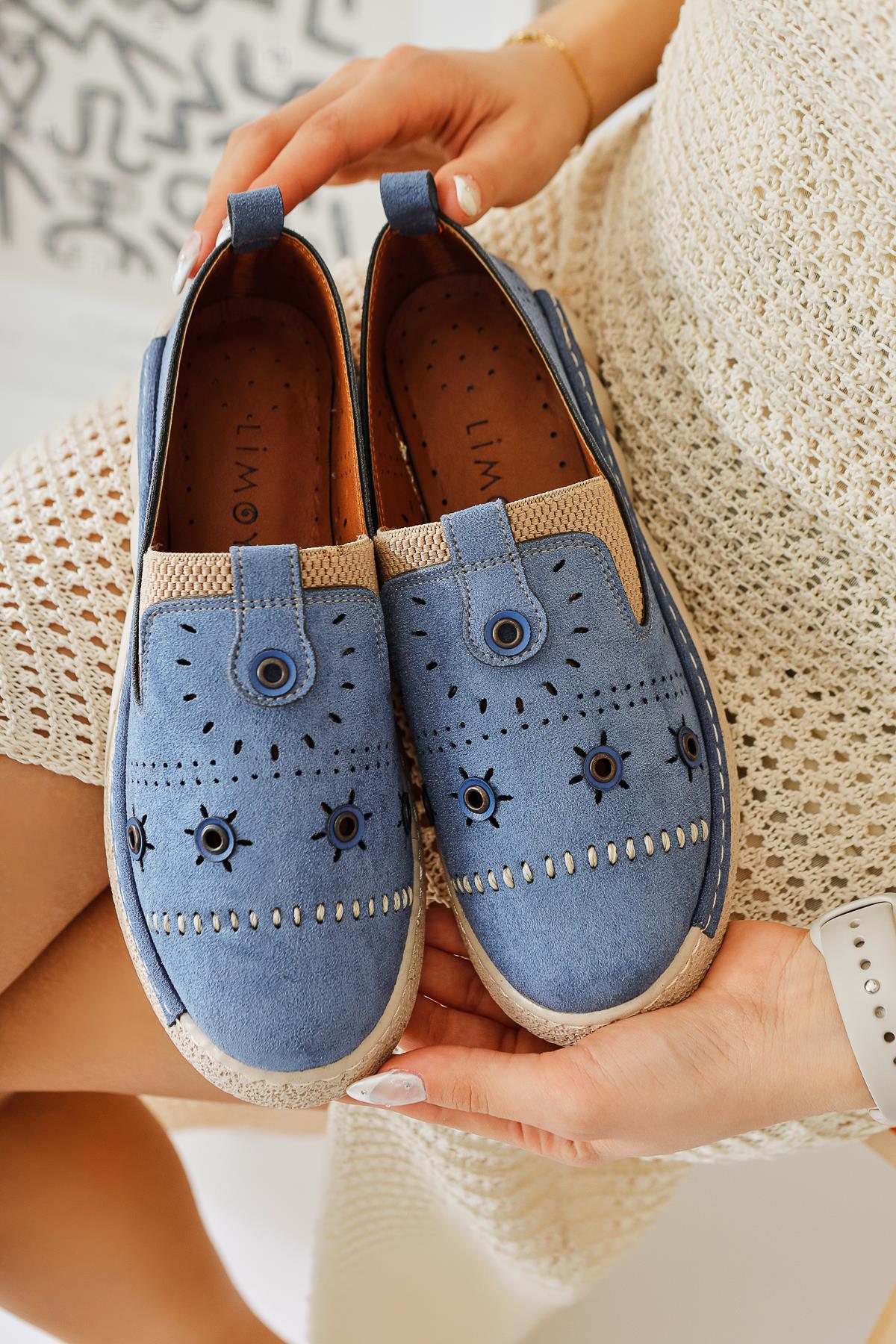 Bethina Blue Suede Rivet Detailed Laser Perforated Ballerinas