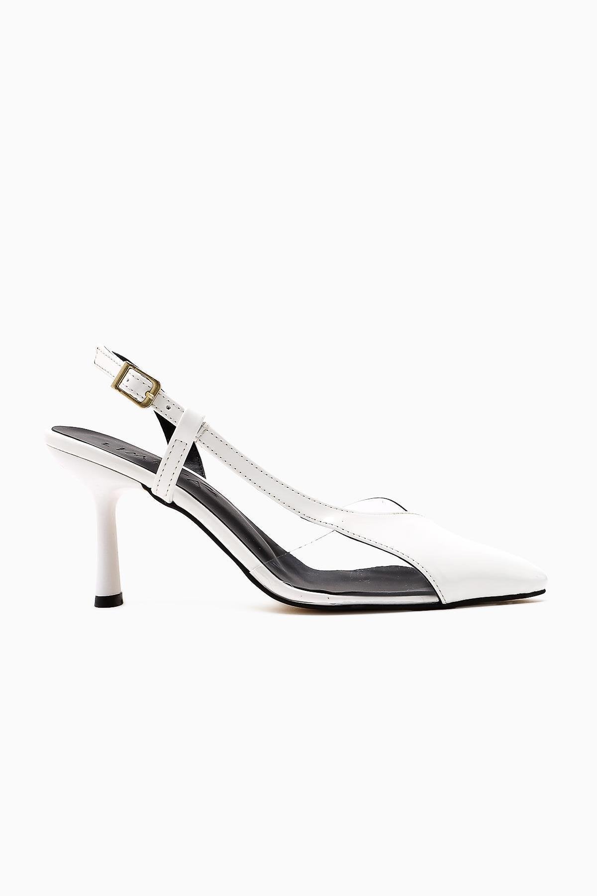 Aliah White Patent Leather Pointed Toe Transparent Detail Thin Heel Women's Shoes