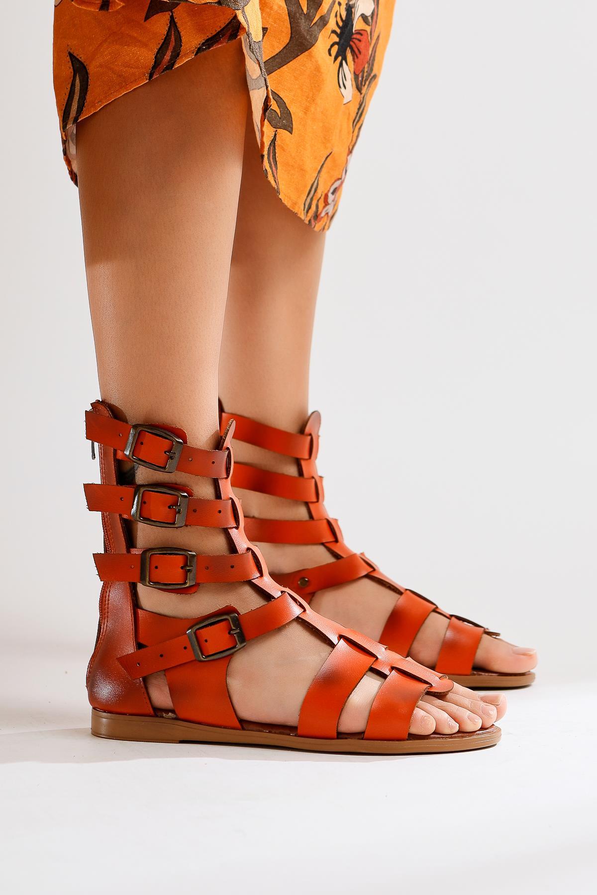 Miranda Echtes Leder Orange Reißverschluss Gladiator Sandale