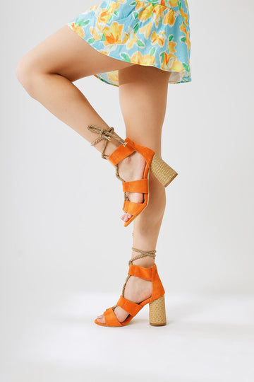 Britty Orange Suede Thick Strap Rope Tie Heeled Sandals