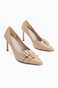 Halez Beige Buckled Stiletto Pointed Toe Women's High Heels