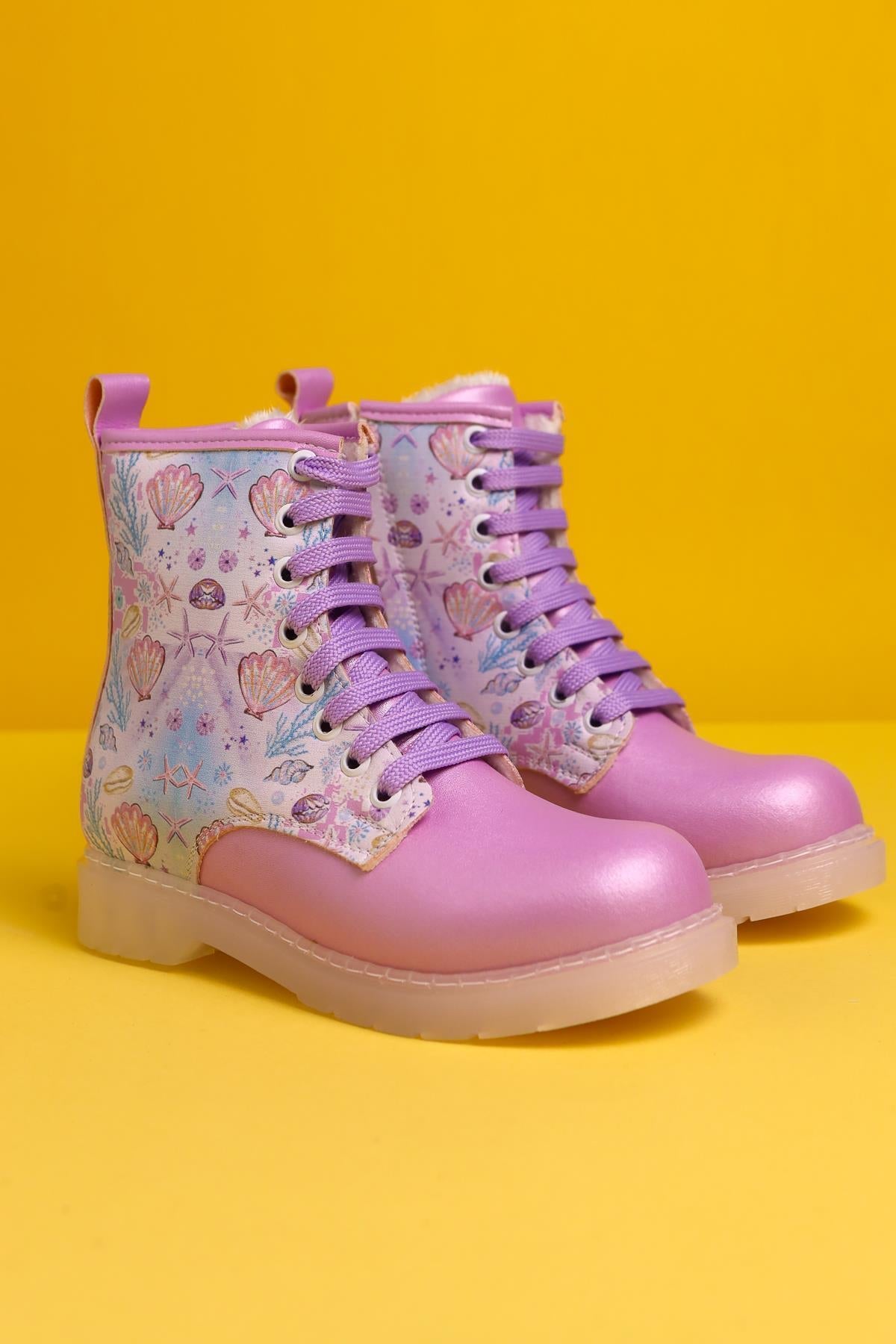 Fideli Lila Meeresleben Druck Leuchtende Schnür-Kinderstiefel