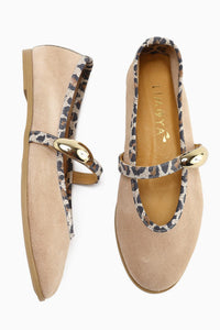 Echtes Leder Aliana Beige Wildleder Schnallen Leoparden Detail Damen Ballerinas