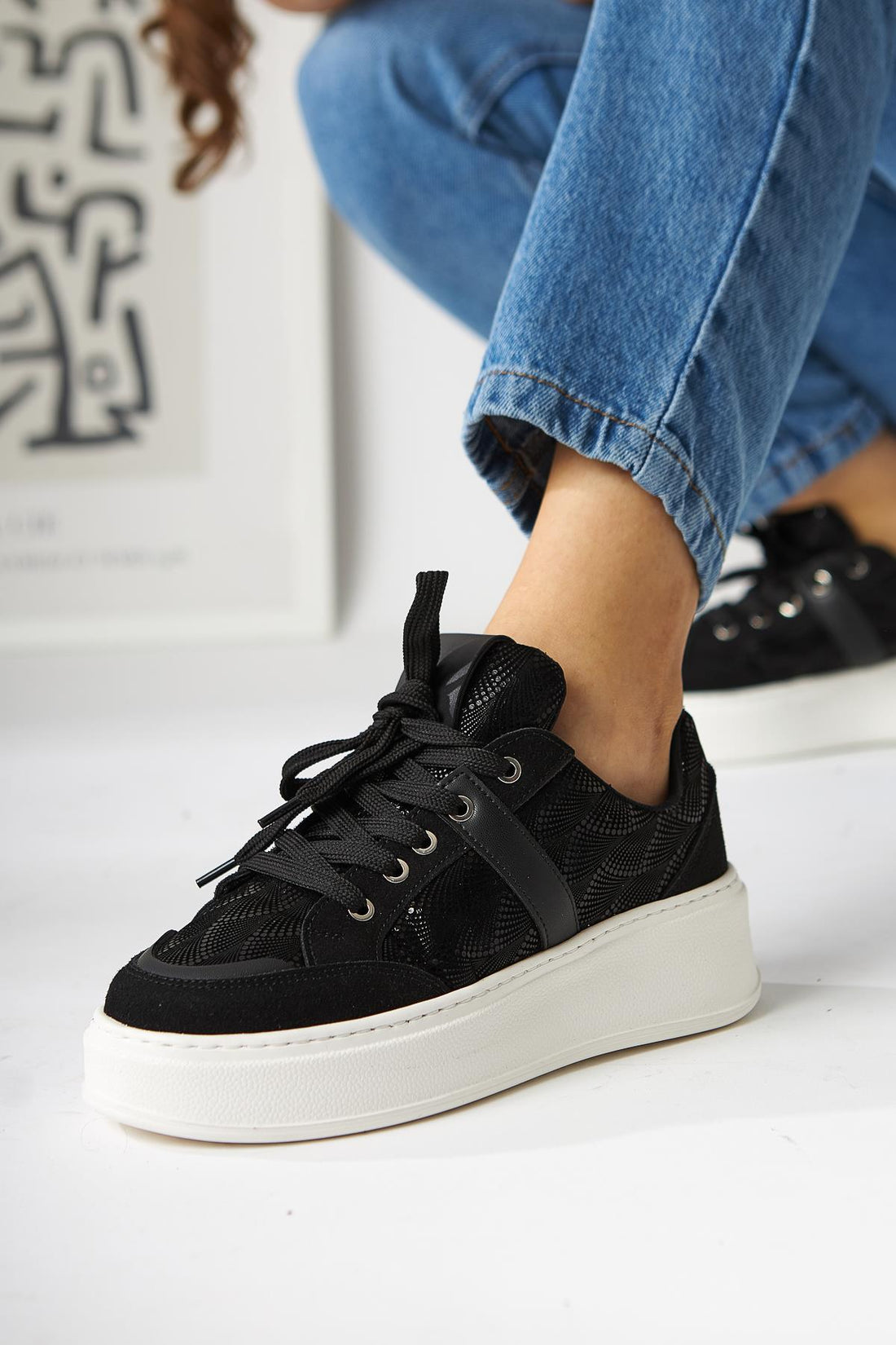 Julissa Black Suede Shiny Patterned Chunky Sole Women's Sneakers