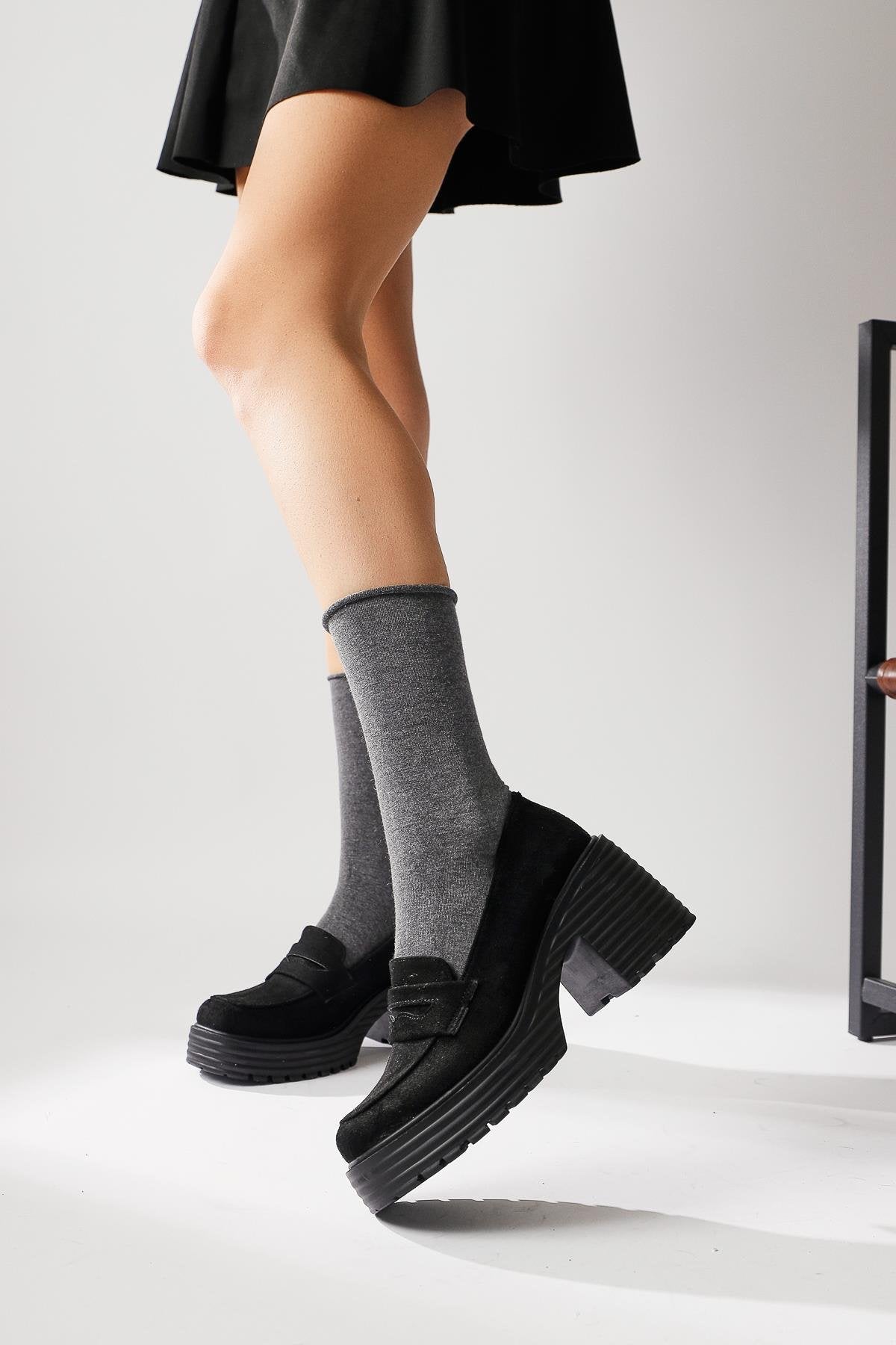 Alinne Black Suede Thick-Soled Platform Loafers