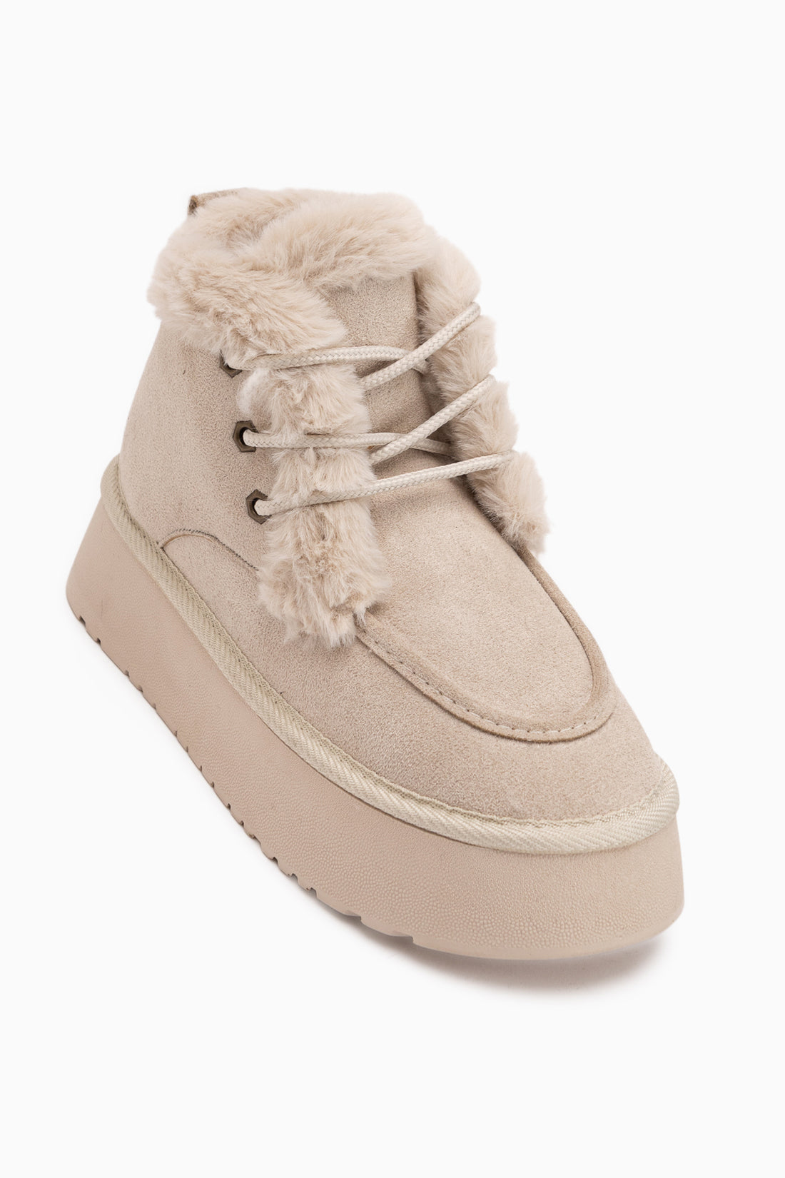 Carrie Beige Wildleder Fell Schnürstiefel mit Dicke Sohle Damen Stiefel