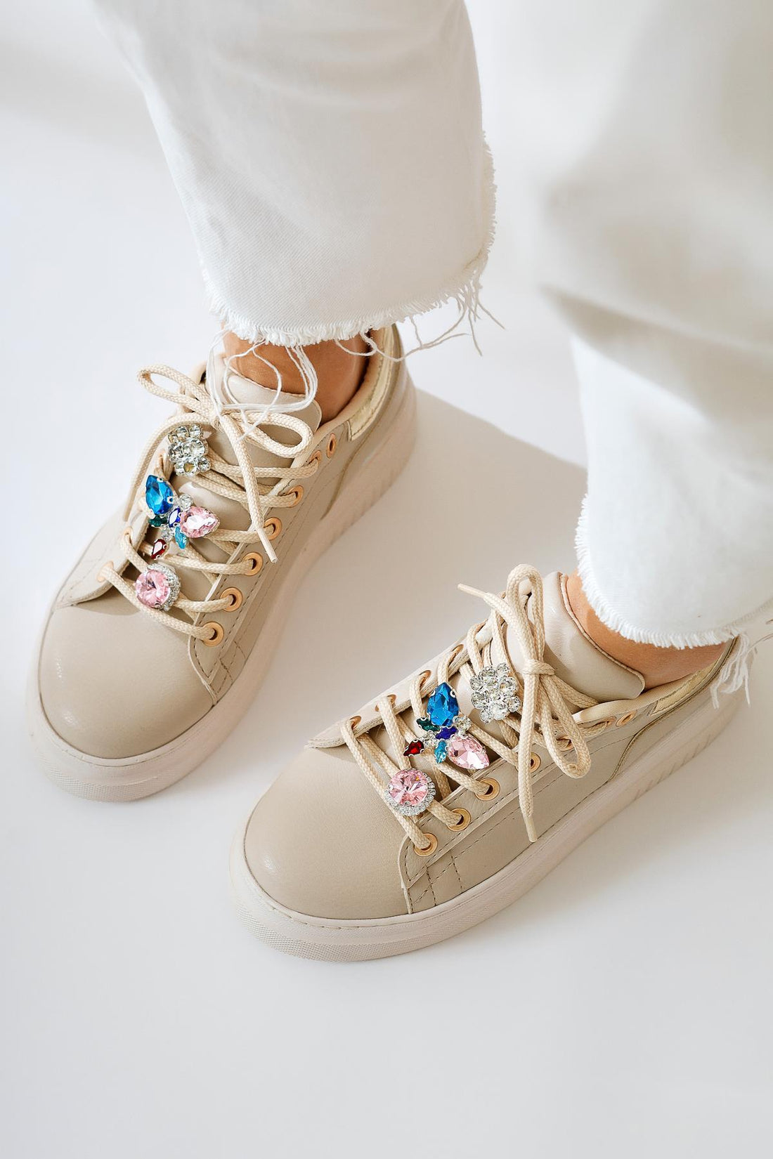 Deena Beige Thick Soled Stone Detail Sneakers