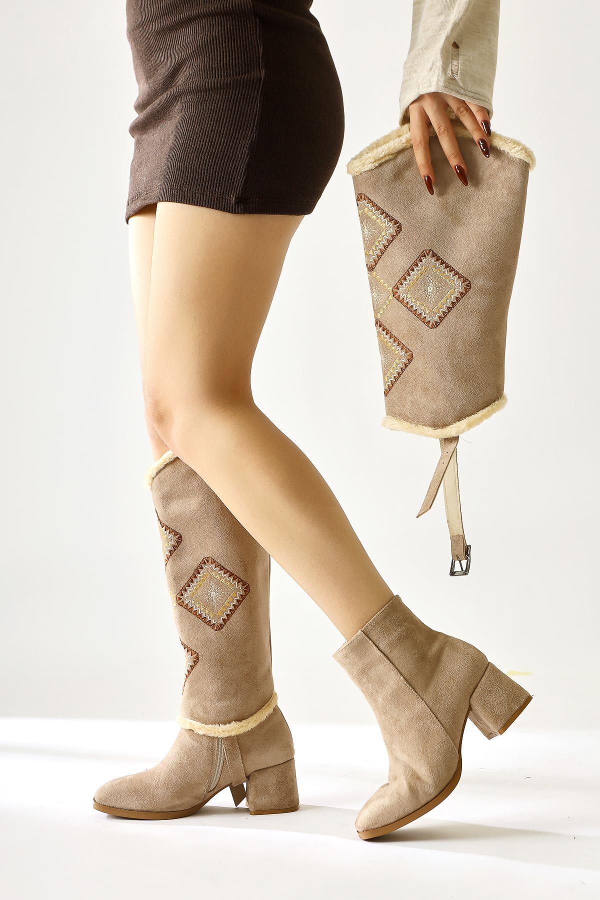 Hilka Mink Suede Removable Ankle Boots with Ethnic Patterns